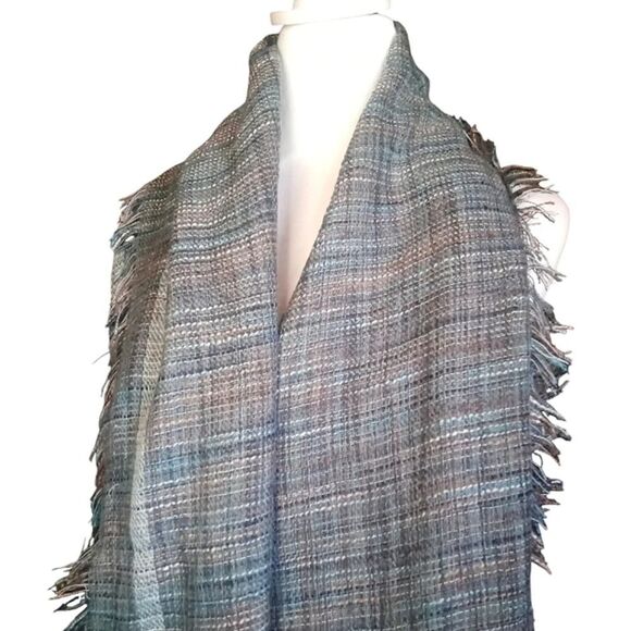 Steve Madden Teal Gray Colorful Fringe Trim Loose Knit Blanket Scarf - Picture 2 of 7